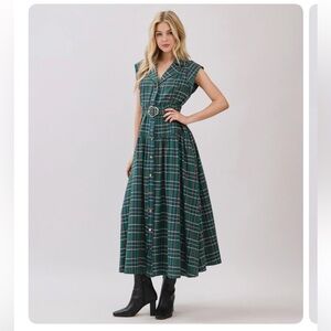 Green Plaid Button Down Midi Dress